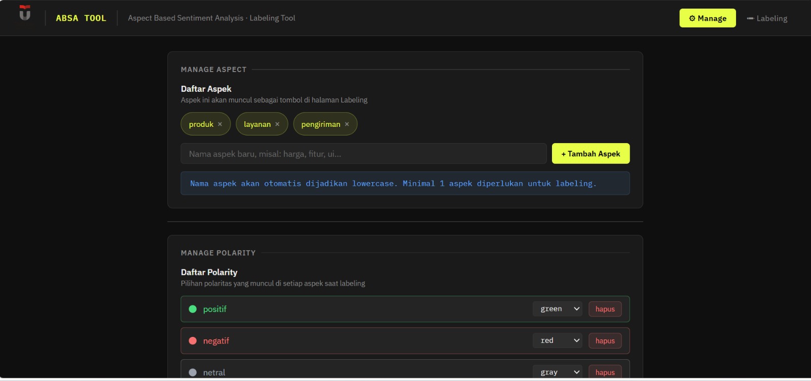 Aplikasi Pelabelan Dataset Aspect Based Sentiment Analysis